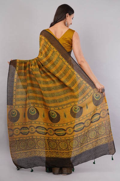 BASANT:MUSTARD HANDBLOCK AJRAKH PURE SILK-LINEN SAREE