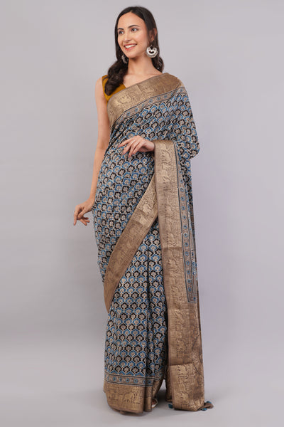 ROHINI: HANDBLOCK AJRAKH PREMIUM DOLA SILK SAREE WITH MEENAKARI PALLU