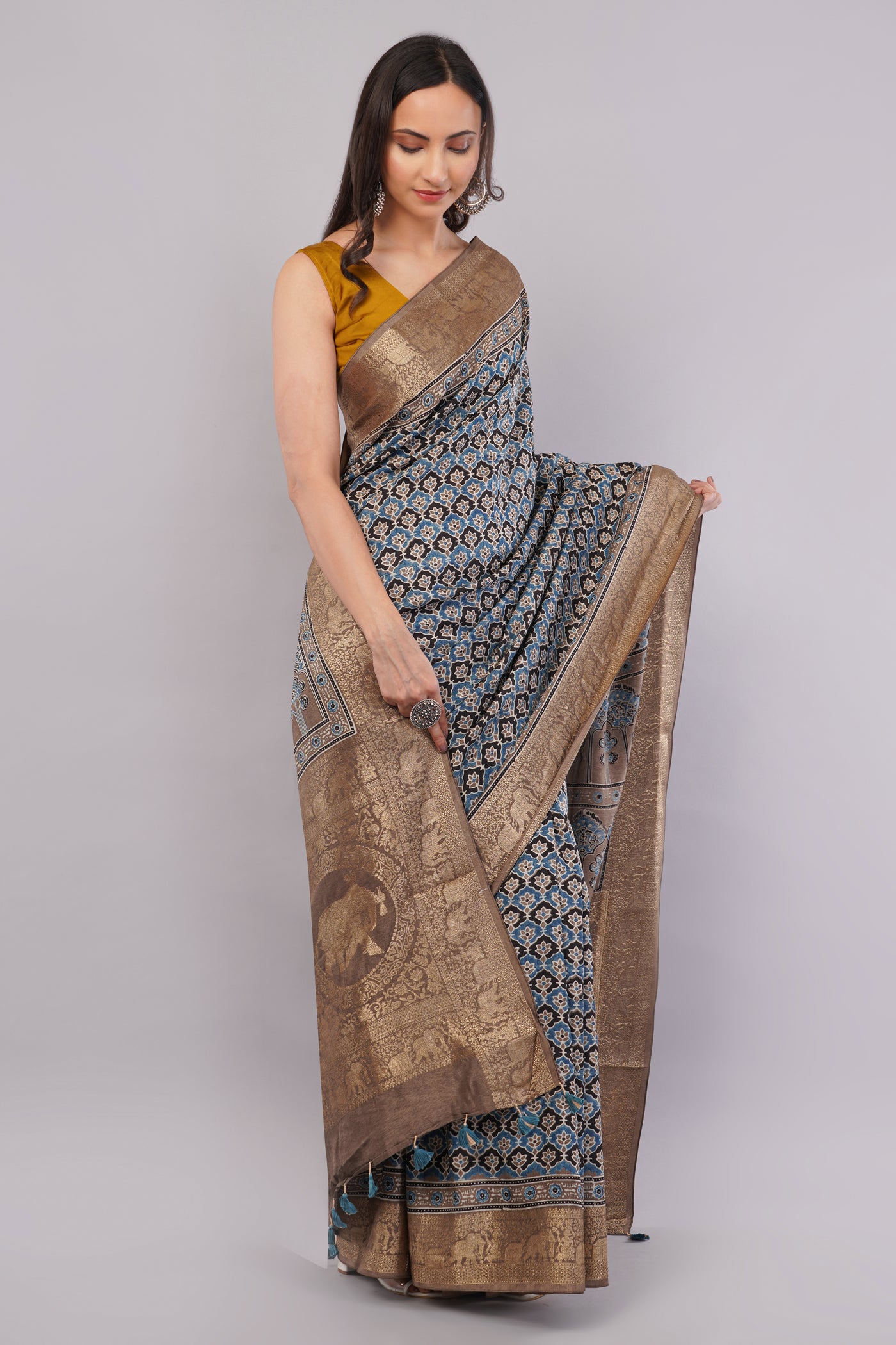 ROHINI: HANDBLOCK AJRAKH PREMIUM DOLA SILK SAREE WITH MEENAKARI PALLU