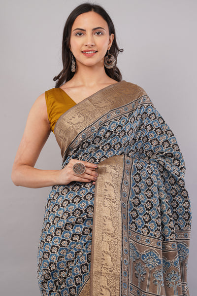 ROHINI: HANDBLOCK AJRAKH PREMIUM DOLA SILK SAREE WITH MEENAKARI PALLU