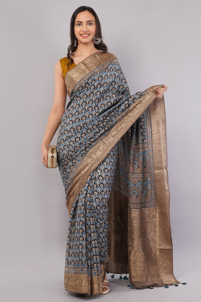 ROHINI: HANDBLOCK AJRAKH PREMIUM DOLA SILK SAREE WITH MEENAKARI PALLU