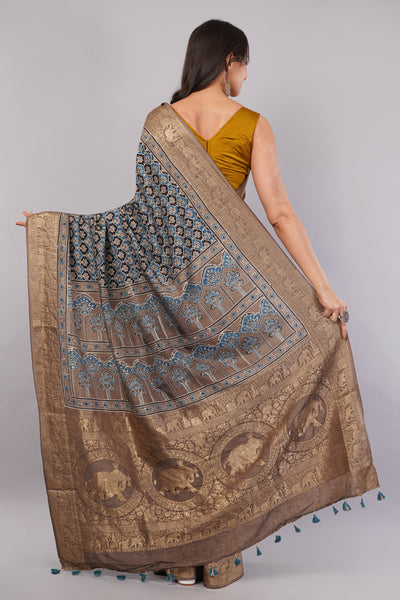 ROHINI: HANDBLOCK AJRAKH PREMIUM DOLA SILK SAREE WITH MEENAKARI PALLU