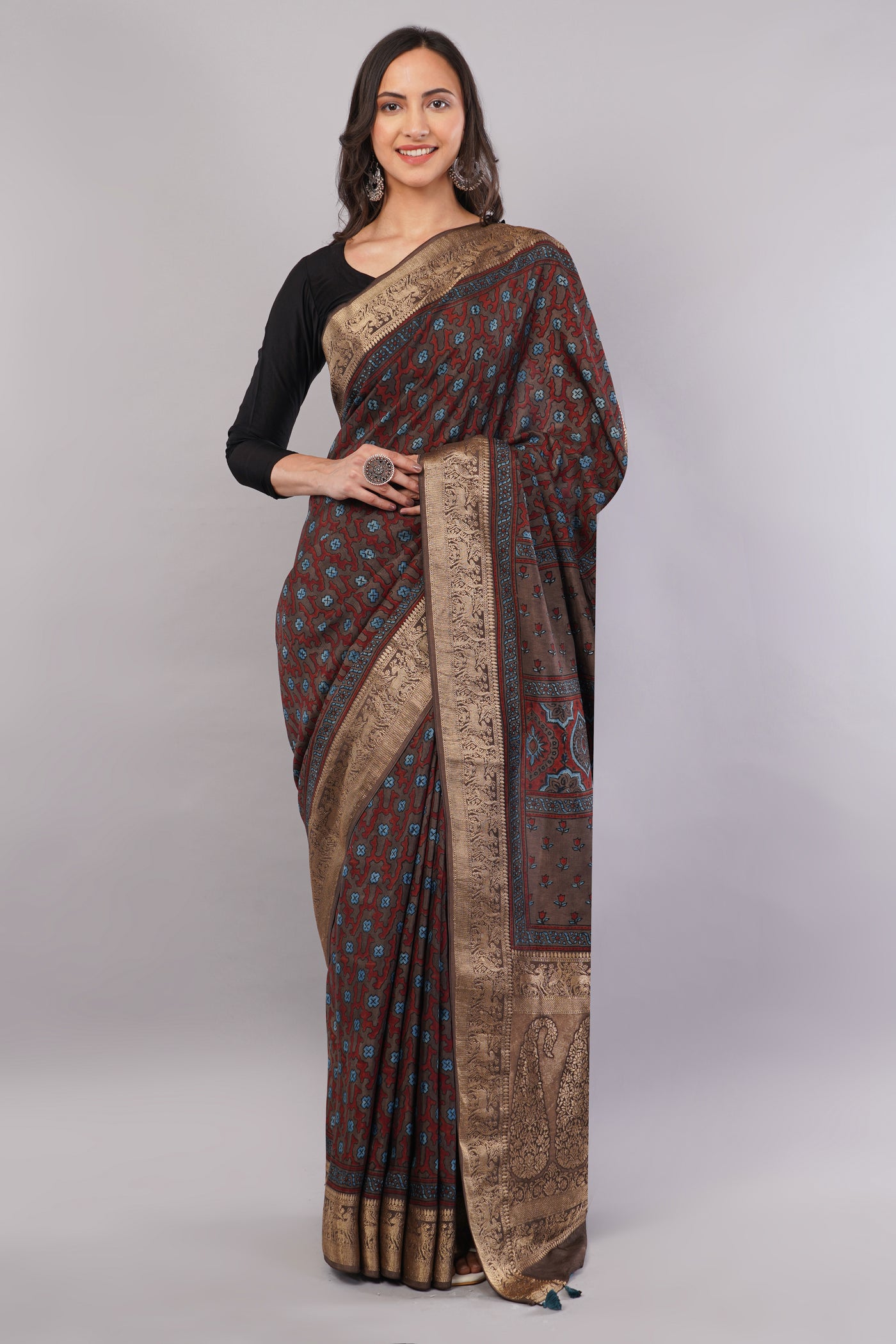 RIDHIMA:HANDBLOCK AJRAKH PREMIUM DOLA SILK SAREE WITH MEENAKARI PALLU