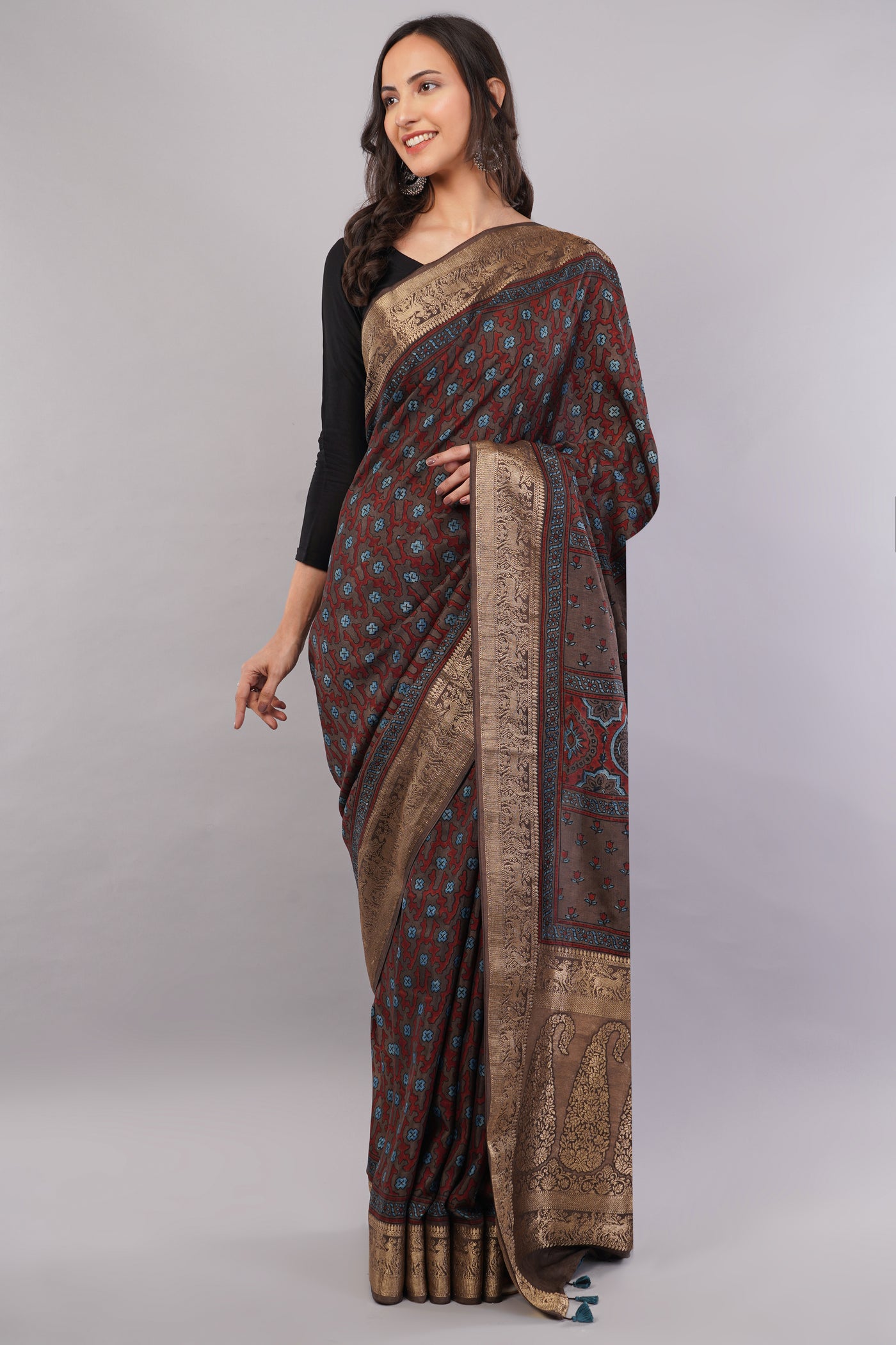 RIDHIMA:HANDBLOCK AJRAKH PREMIUM DOLA SILK SAREE WITH MEENAKARI PALLU