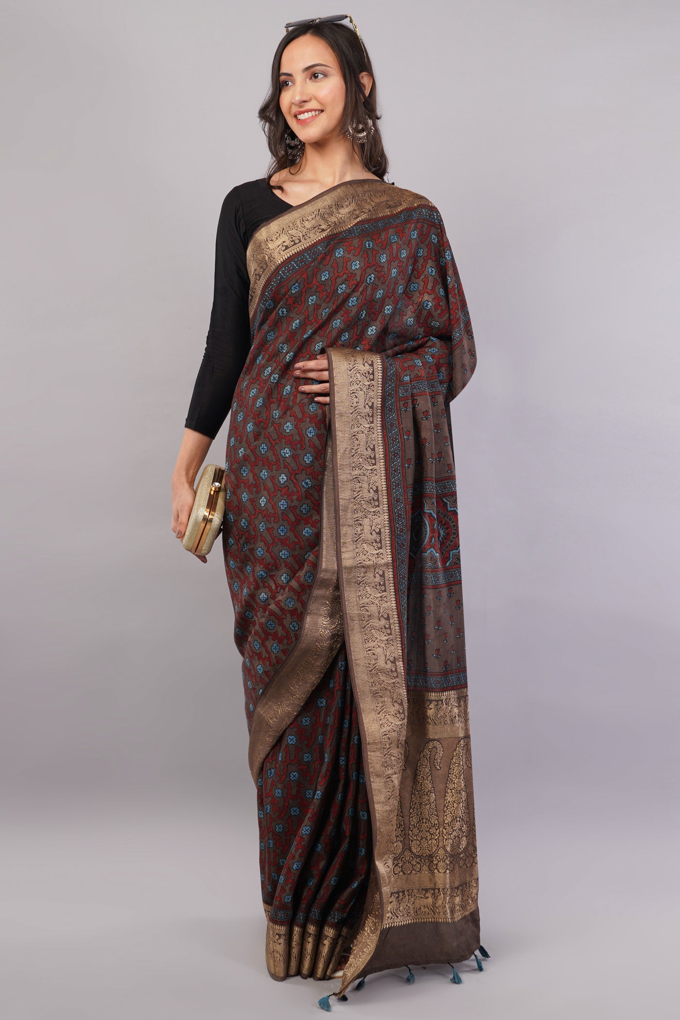 RIDHIMA:HANDBLOCK AJRAKH PREMIUM DOLA SILK SAREE WITH MEENAKARI PALLU