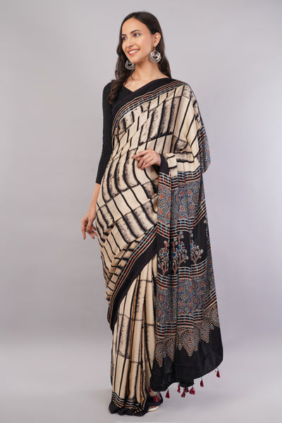 RUBARU: BLACK,HANDBLOCK PRINTED AJRAKH MODAL SILK SAREE