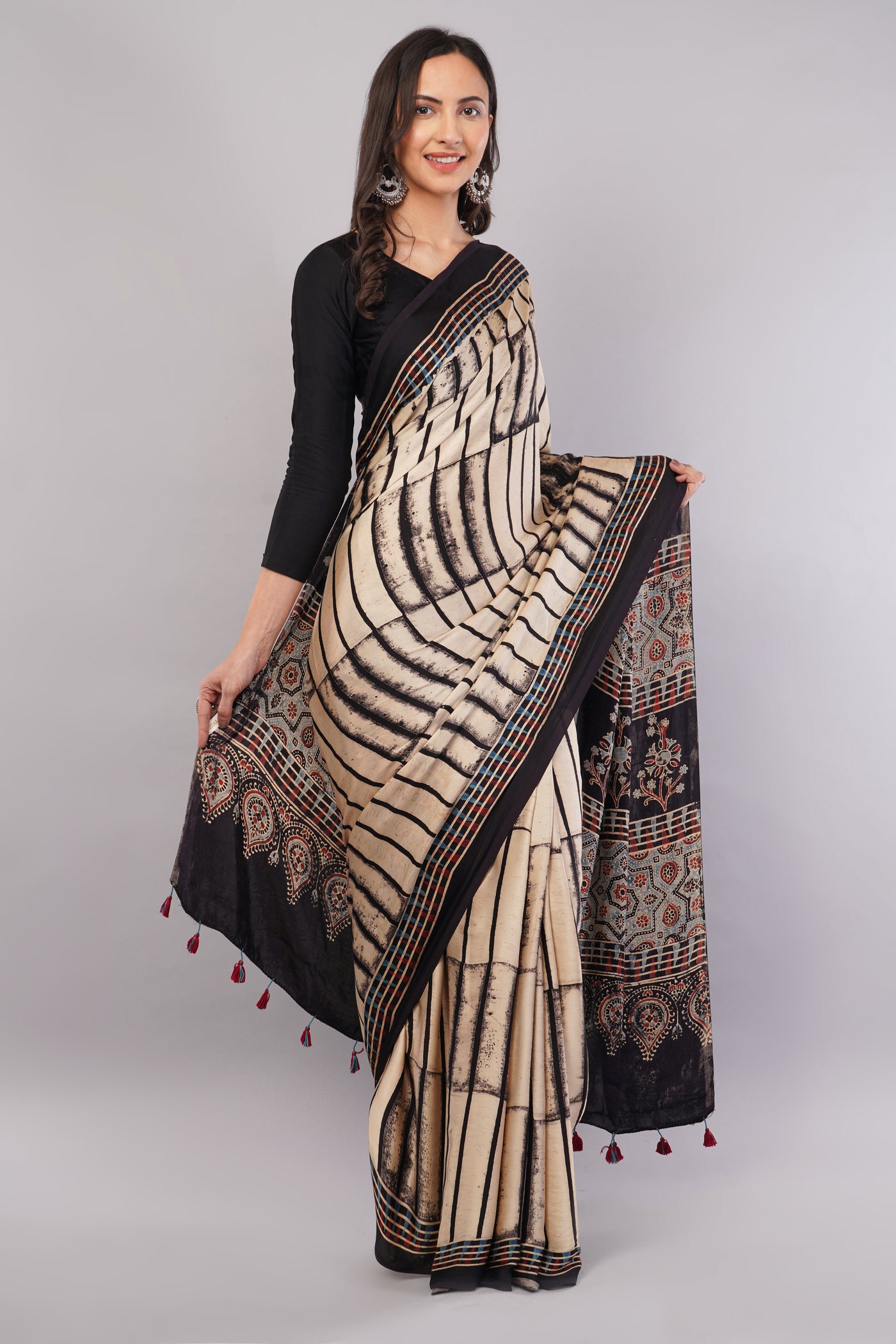 RUBARU: BLACK,HANDBLOCK PRINTED AJRAKH MODAL SILK SAREE