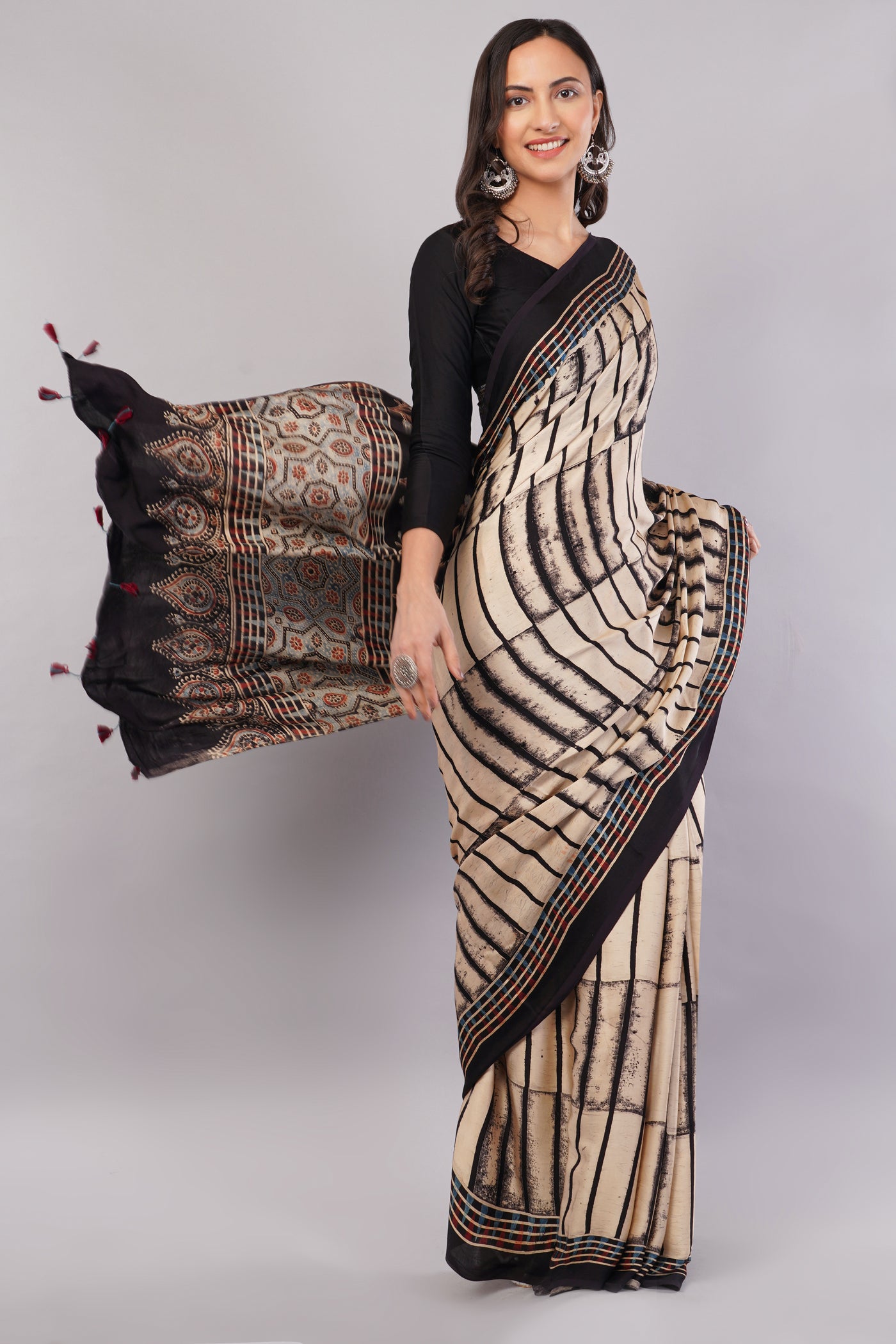 RUBARU: BLACK,HANDBLOCK PRINTED AJRAKH MODAL SILK SAREE