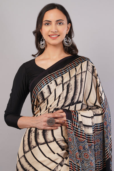 RUBARU: BLACK,HANDBLOCK PRINTED AJRAKH MODAL SILK SAREE