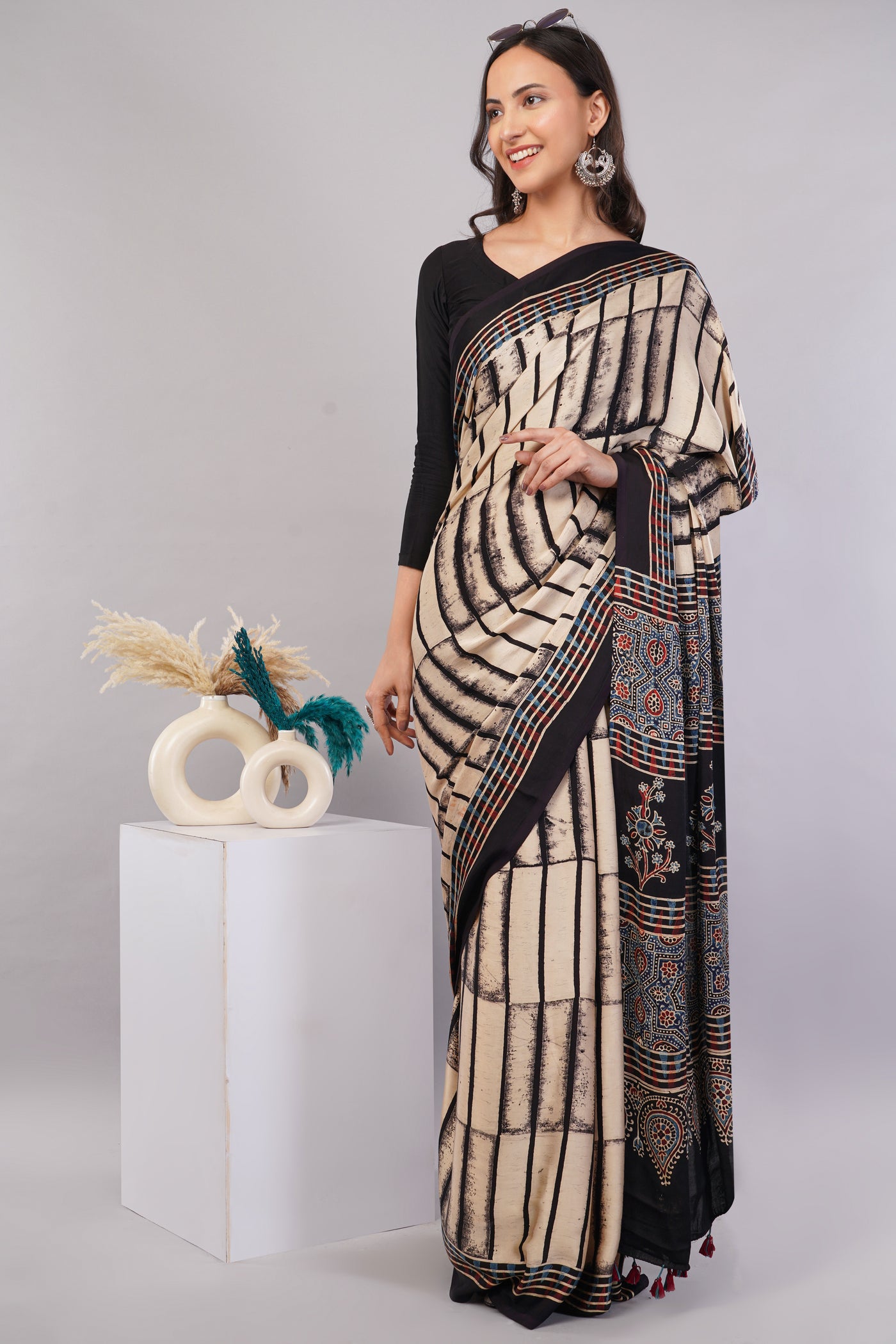 RUBARU: BLACK,HANDBLOCK PRINTED AJRAKH MODAL SILK SAREE