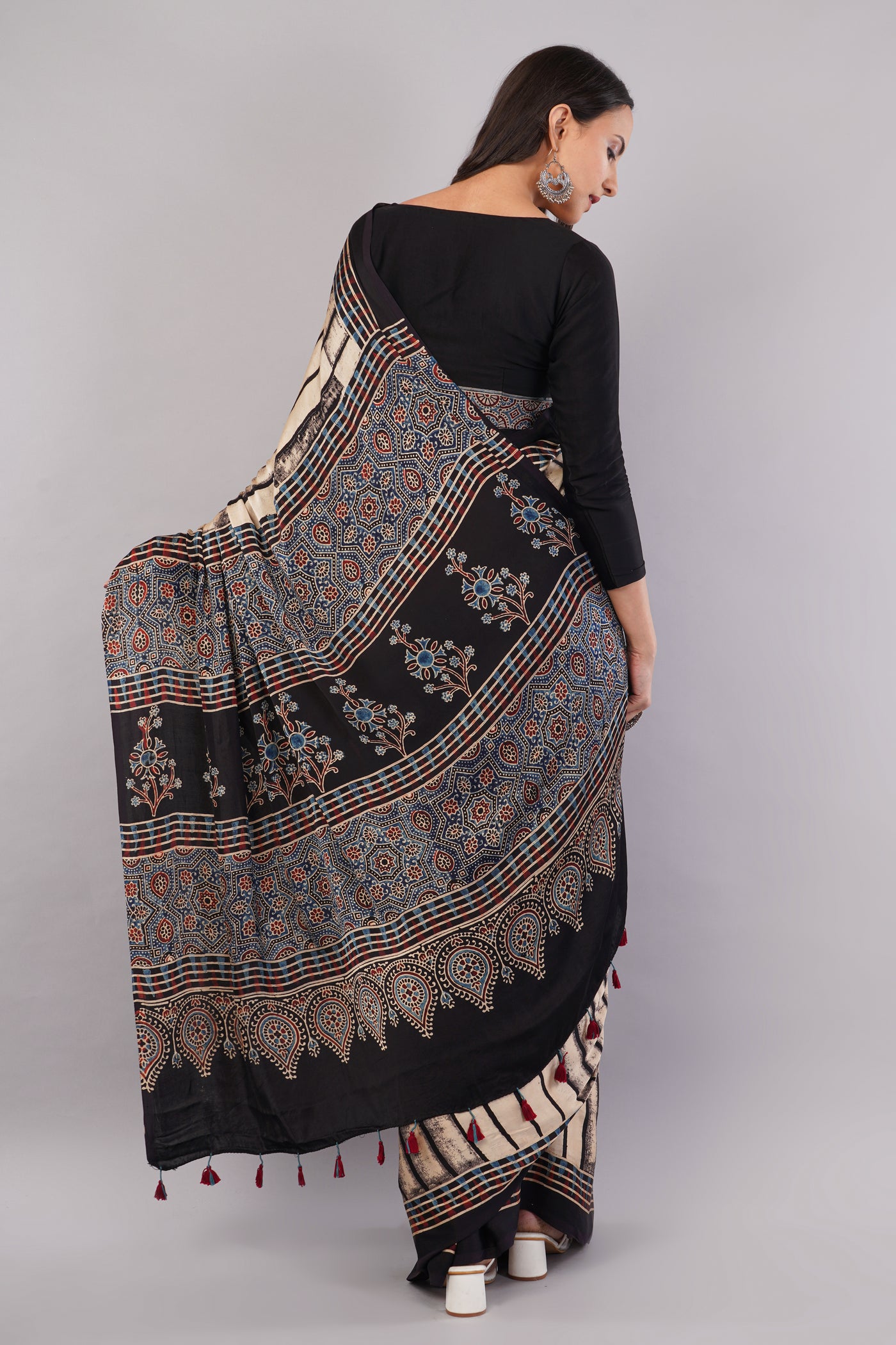 RUBARU: BLACK,HANDBLOCK PRINTED AJRAKH MODAL SILK SAREE