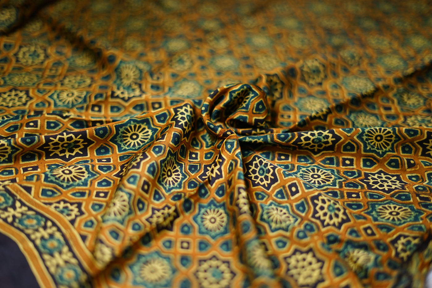 TARA: Handblock Modal Silk Tissue Ajrakh Saree