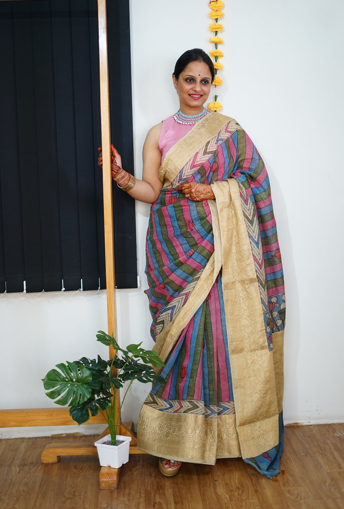 SHARDA:HAND DRAWN, HAND PAINTED PURE SILK-LINEN PEN KALAMKARI SAREE with meenakari border