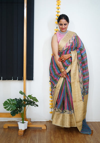 SHARDA:HAND DRAWN, HAND PAINTED PURE SILK-LINEN PEN KALAMKARI SAREE with meenakari border