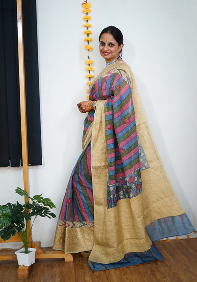 SHARDA:HAND DRAWN, HAND PAINTED PURE SILK-LINEN PEN KALAMKARI SAREE with meenakari border