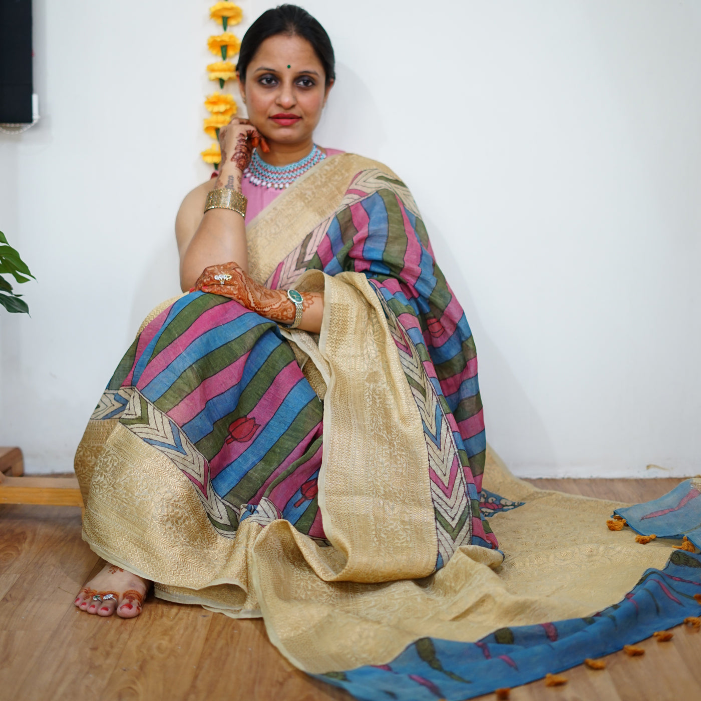 SHARDA:HAND DRAWN, HAND PAINTED PURE SILK-LINEN PEN KALAMKARI SAREE with meenakari border