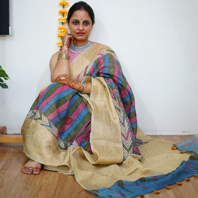 SHARDA:HAND DRAWN, HAND PAINTED PURE SILK-LINEN PEN KALAMKARI SAREE with meenakari border