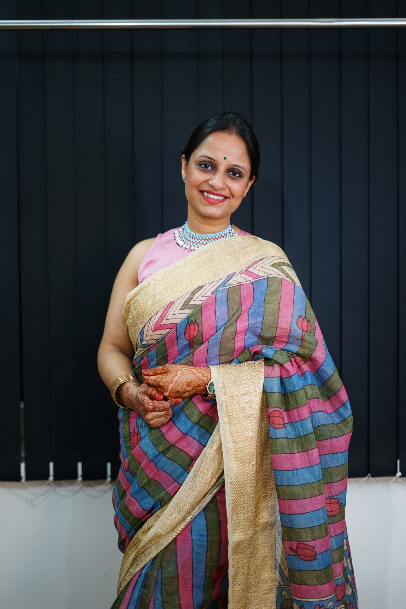 SHARDA:HAND DRAWN, HAND PAINTED PURE SILK-LINEN PEN KALAMKARI SAREE with meenakari border