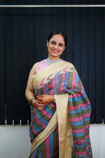 SHARDA:HAND DRAWN, HAND PAINTED PURE SILK-LINEN PEN KALAMKARI SAREE with meenakari border