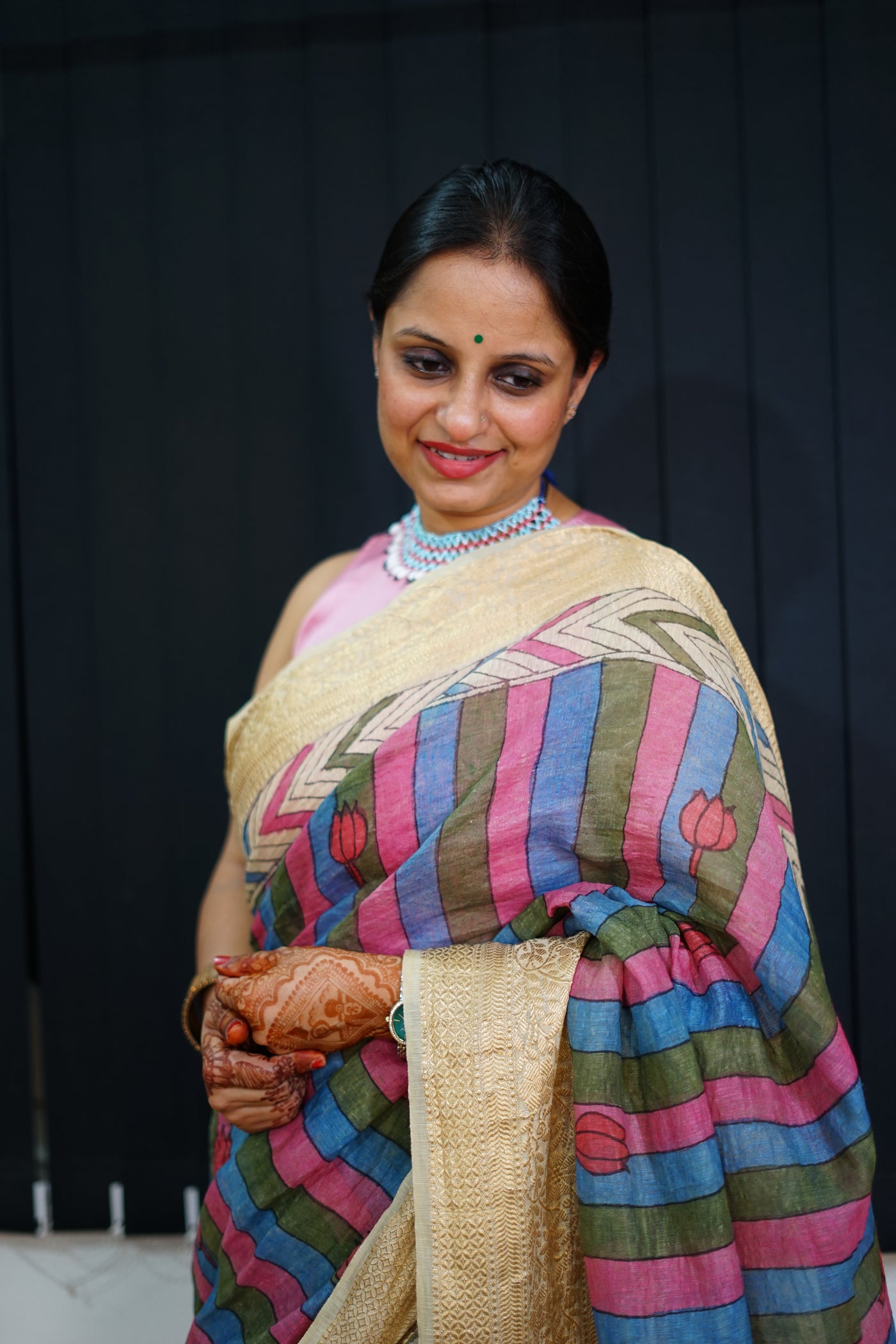 SHARDA:HAND DRAWN, HAND PAINTED PURE SILK-LINEN PEN KALAMKARI SAREE with meenakari border
