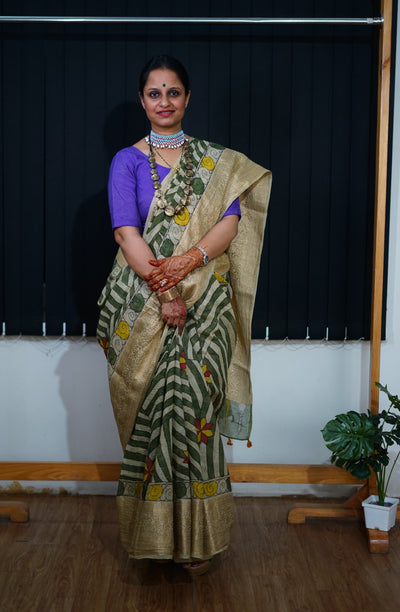 AADILAKSHMI:HAND DRAWN, HAND PAINTED PURE SILK-LINEN PEN KALAMKARI SAREE with meenakari border