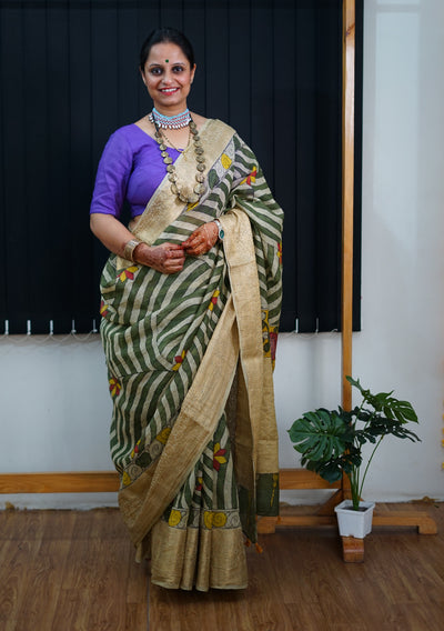 AADILAKSHMI:HAND DRAWN, HAND PAINTED PURE SILK-LINEN PEN KALAMKARI SAREE with meenakari border