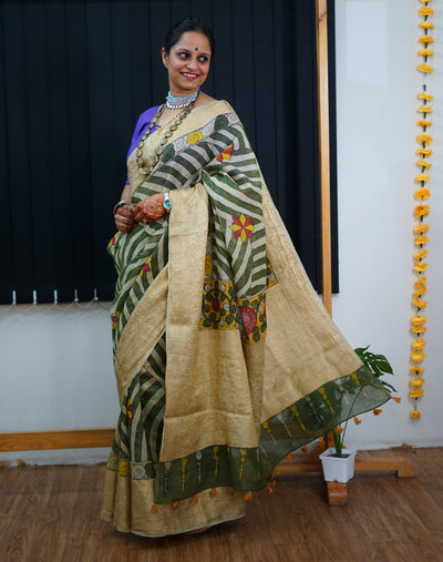 AADILAKSHMI:HAND DRAWN, HAND PAINTED PURE SILK-LINEN PEN KALAMKARI SAREE with meenakari border