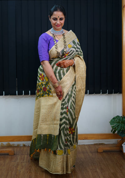 AADILAKSHMI:HAND DRAWN, HAND PAINTED PURE SILK-LINEN PEN KALAMKARI SAREE with meenakari border
