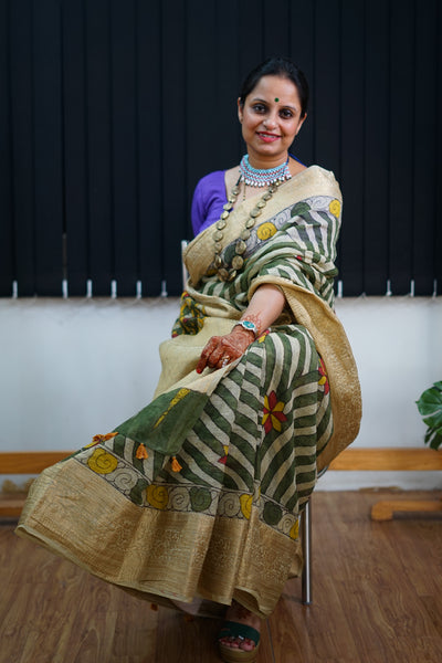 AADILAKSHMI:HAND DRAWN, HAND PAINTED PURE SILK-LINEN PEN KALAMKARI SAREE with meenakari border