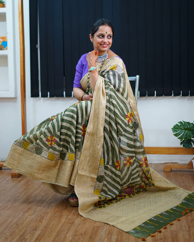 AADILAKSHMI:HAND DRAWN, HAND PAINTED PURE SILK-LINEN PEN KALAMKARI SAREE with meenakari border