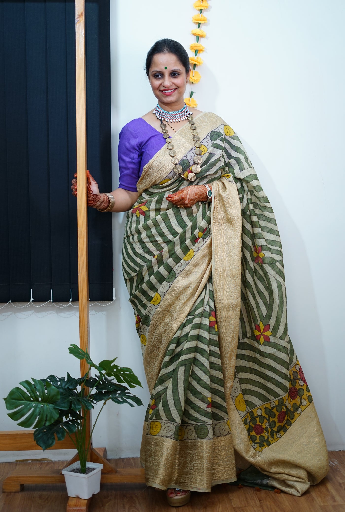 AADILAKSHMI:HAND DRAWN, HAND PAINTED PURE SILK-LINEN PEN KALAMKARI SAREE with meenakari border