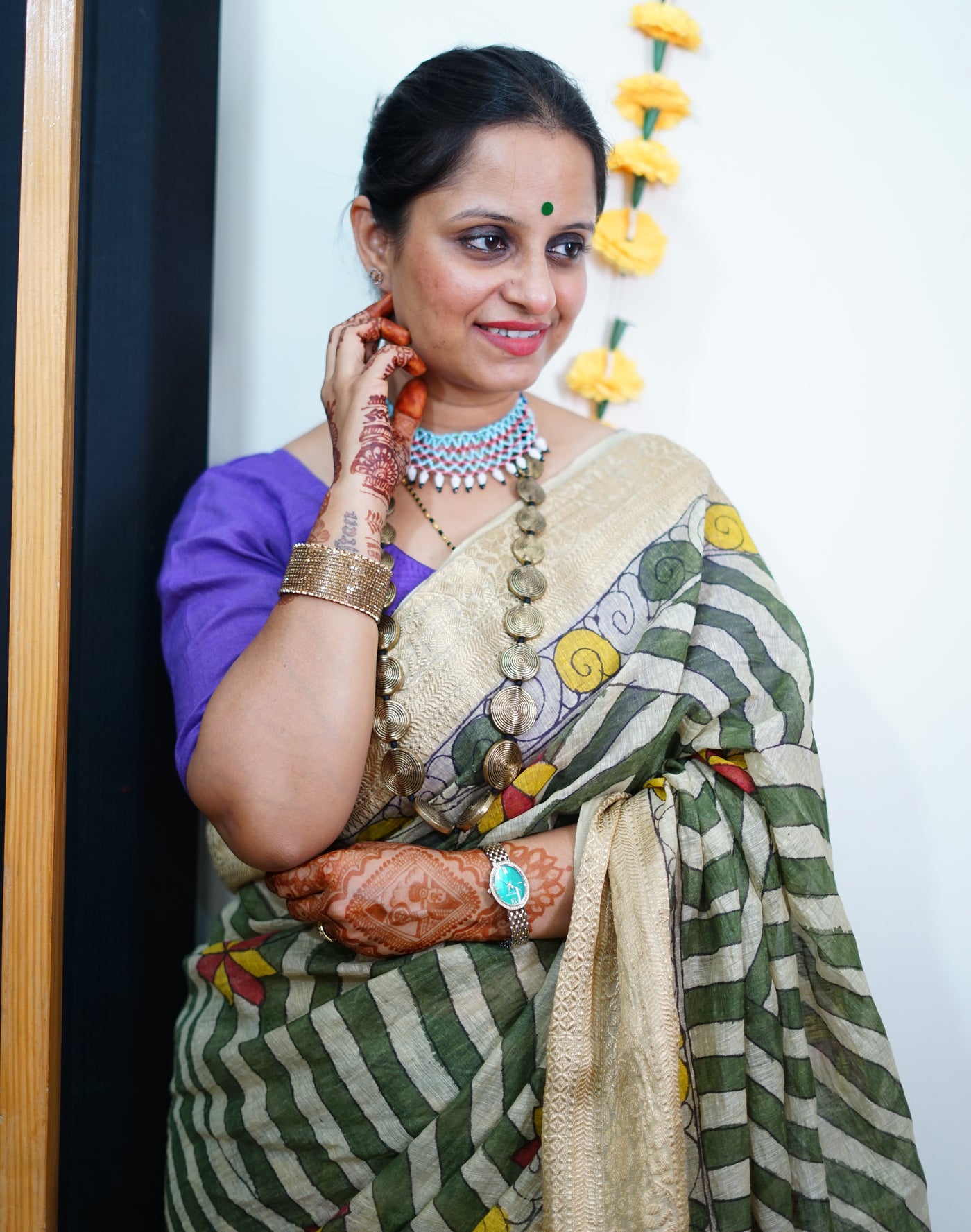 AADILAKSHMI:HAND DRAWN, HAND PAINTED PURE SILK-LINEN PEN KALAMKARI SAREE with meenakari border