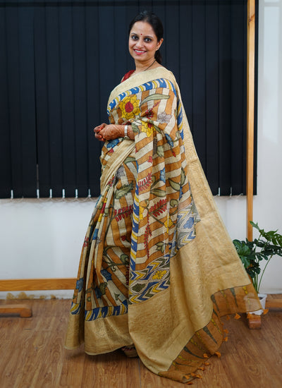 AADISHAKTI:HAND DRAWN, HAND PAINTED PURE SILK-LINEN PEN KALAMKARI SAREE with meenakari border