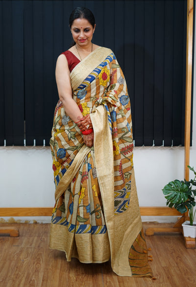 AADISHAKTI:HAND DRAWN, HAND PAINTED PURE SILK-LINEN PEN KALAMKARI SAREE with meenakari border