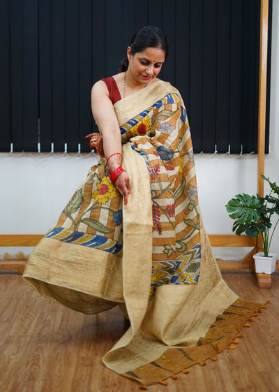 AADISHAKTI:HAND DRAWN, HAND PAINTED PURE SILK-LINEN PEN KALAMKARI SAREE with meenakari border