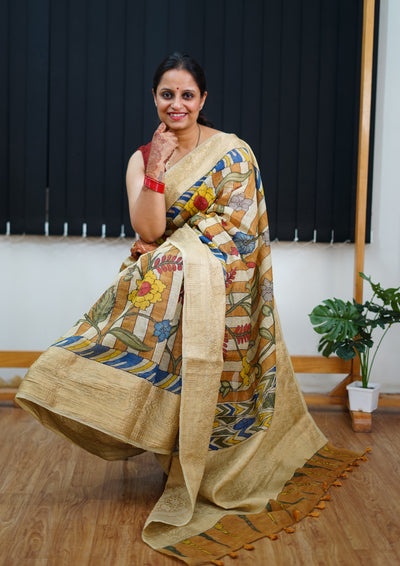 AADISHAKTI:HAND DRAWN, HAND PAINTED PURE SILK-LINEN PEN KALAMKARI SAREE with meenakari border
