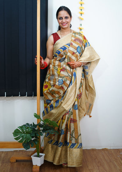 AADISHAKTI:HAND DRAWN, HAND PAINTED PURE SILK-LINEN PEN KALAMKARI SAREE with meenakari border