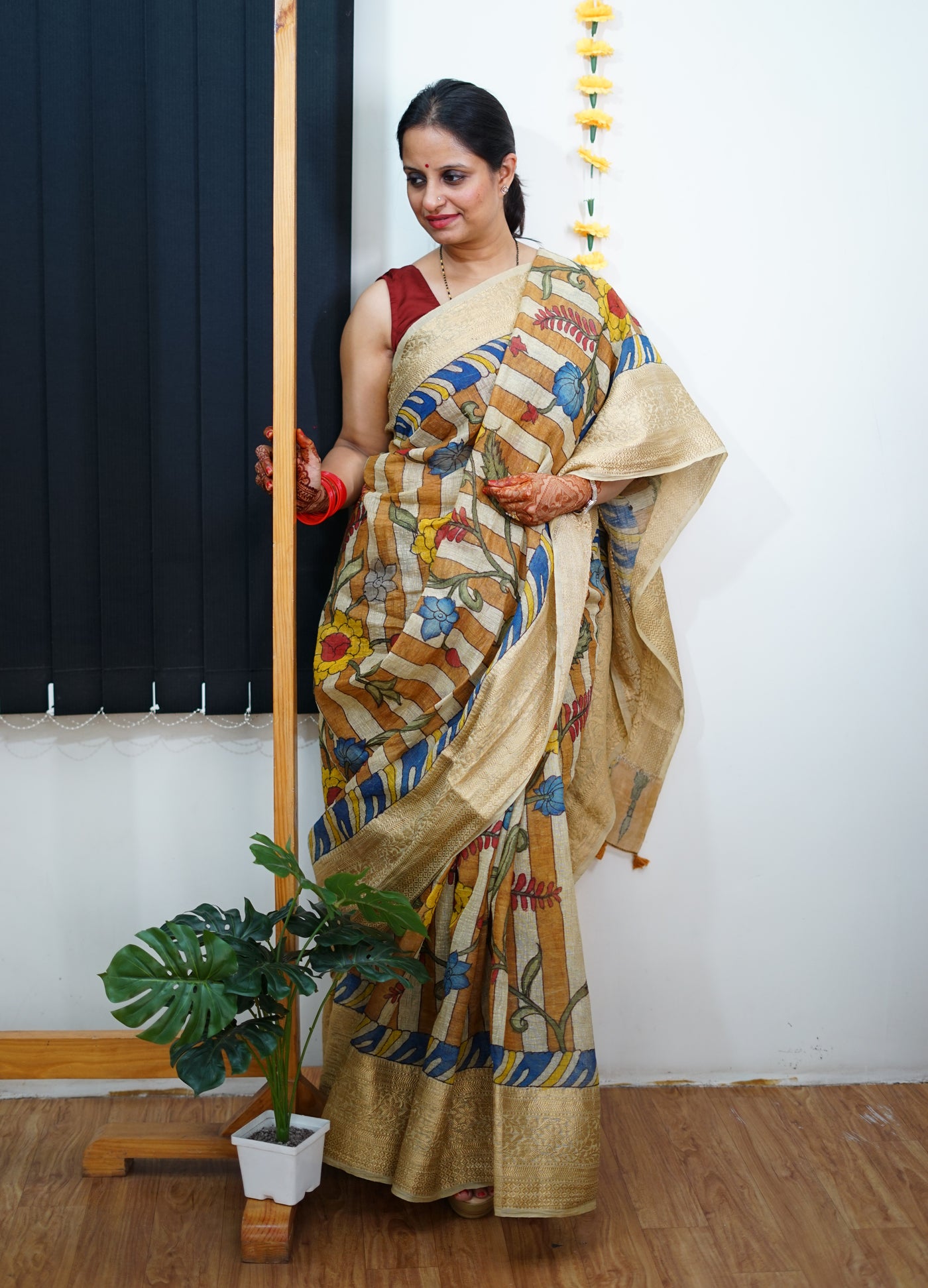 AADISHAKTI:HAND DRAWN, HAND PAINTED PURE SILK-LINEN PEN KALAMKARI SAREE with meenakari border