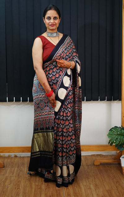SAYANI: Handblock Modal Silk Tissue Ajrakh Saree