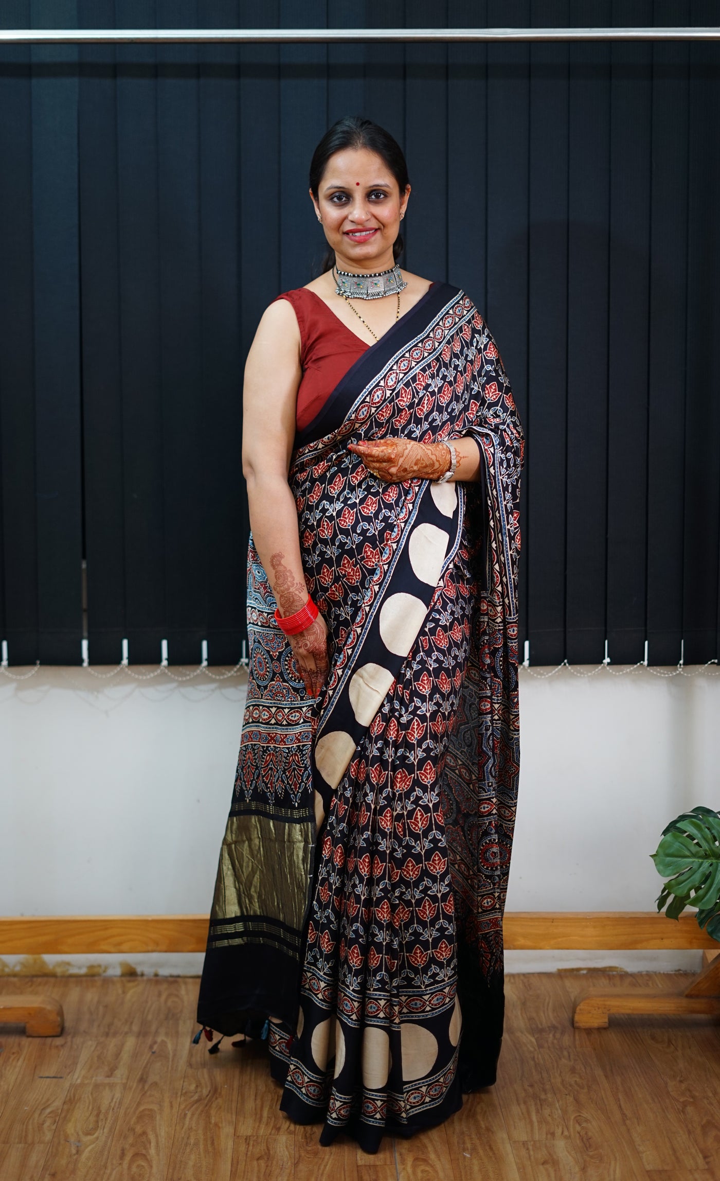 SAYANI: Handblock Modal Silk Tissue Ajrakh Saree