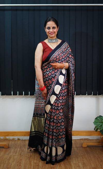 SAYANI: Handblock Modal Silk Tissue Ajrakh Saree