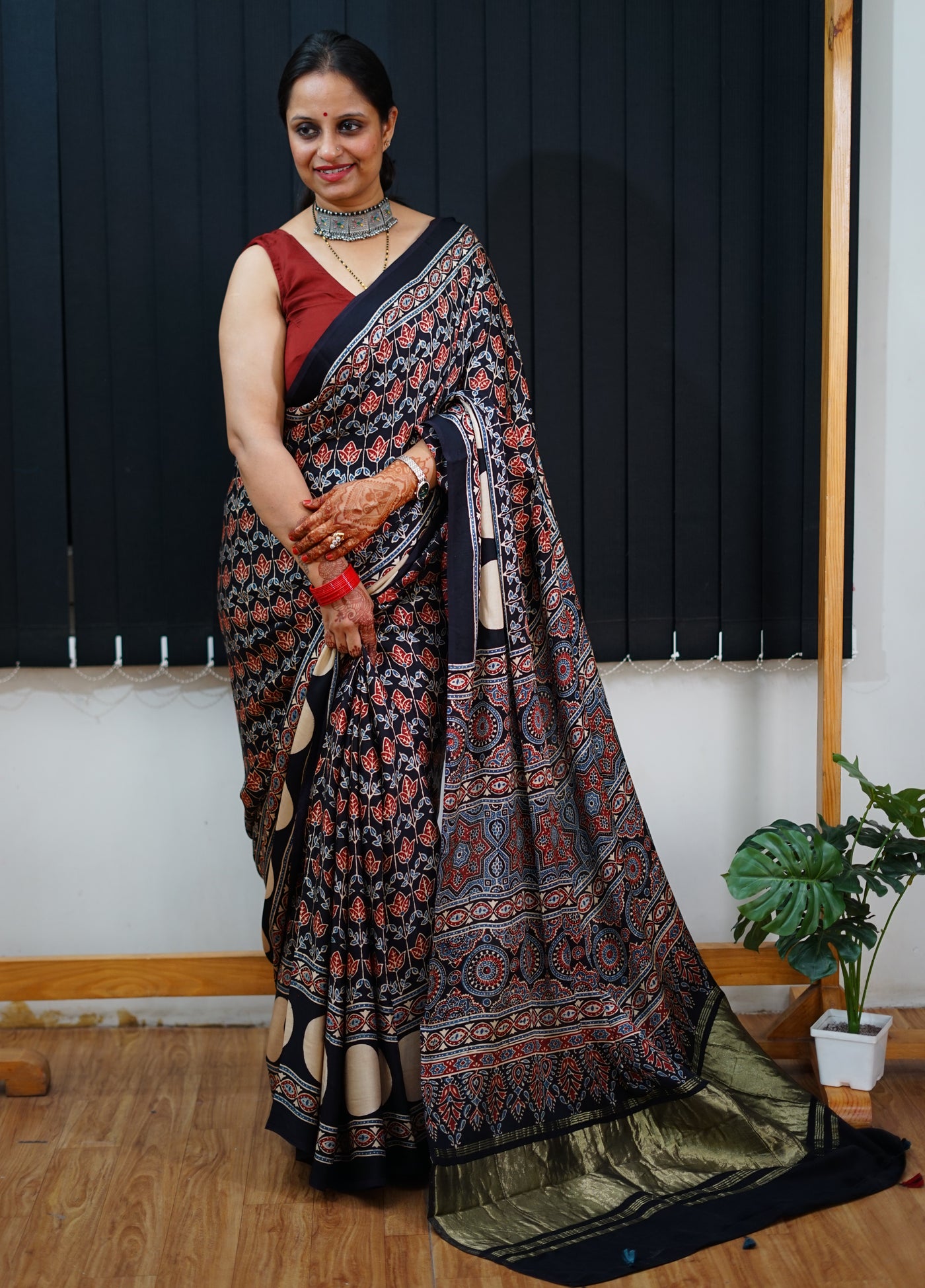 SAYANI: Handblock Modal Silk Tissue Ajrakh Saree