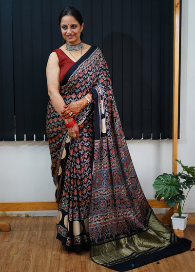SAYANI: Handblock Modal Silk Tissue Ajrakh Saree