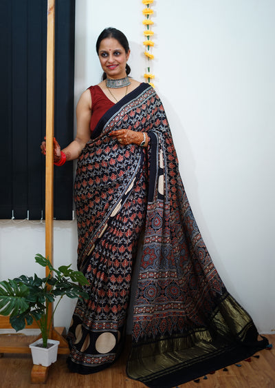 SAYANI: Handblock Modal Silk Tissue Ajrakh Saree