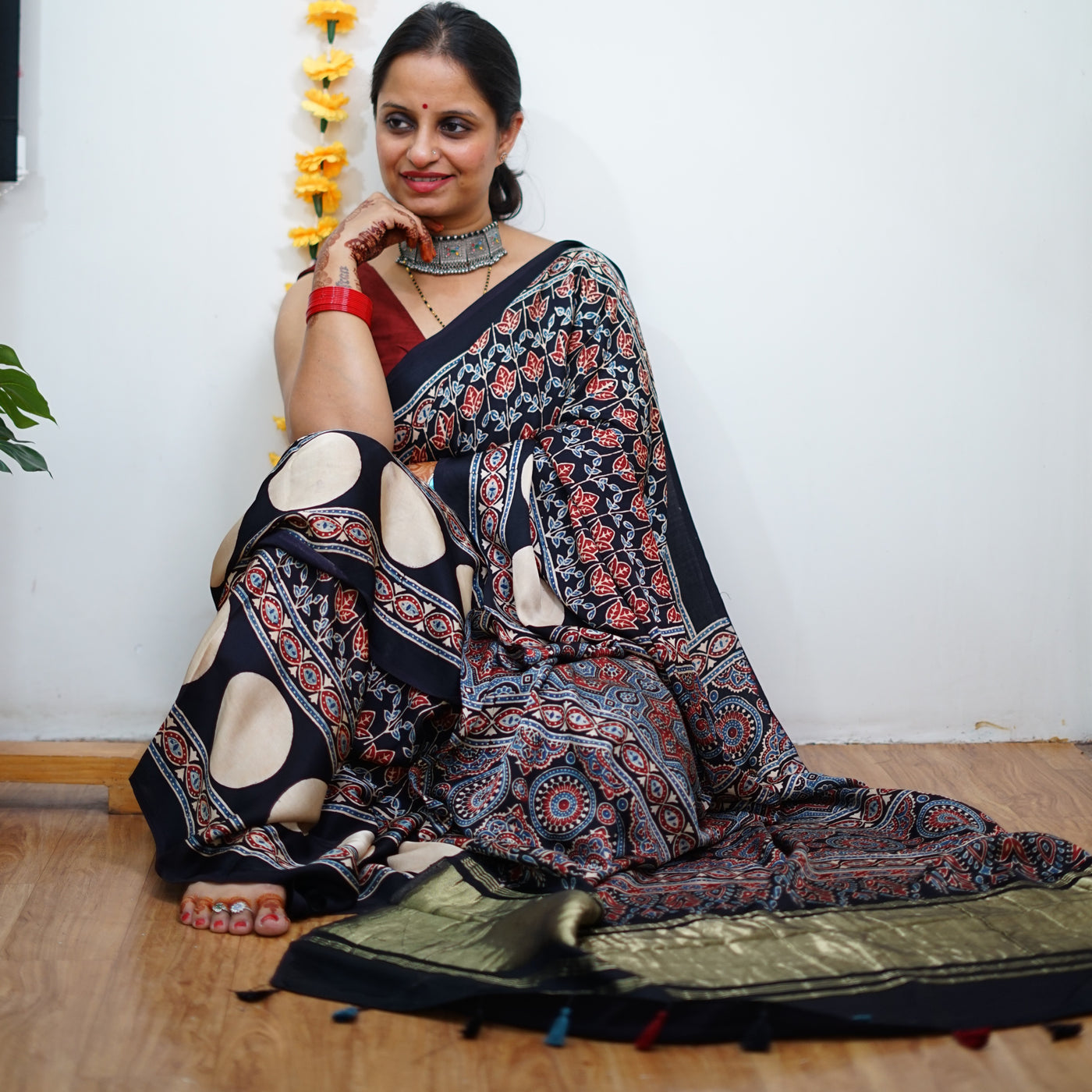 SAYANI: Handblock Modal Silk Tissue Ajrakh Saree