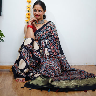 SAYANI: Handblock Modal Silk Tissue Ajrakh Saree