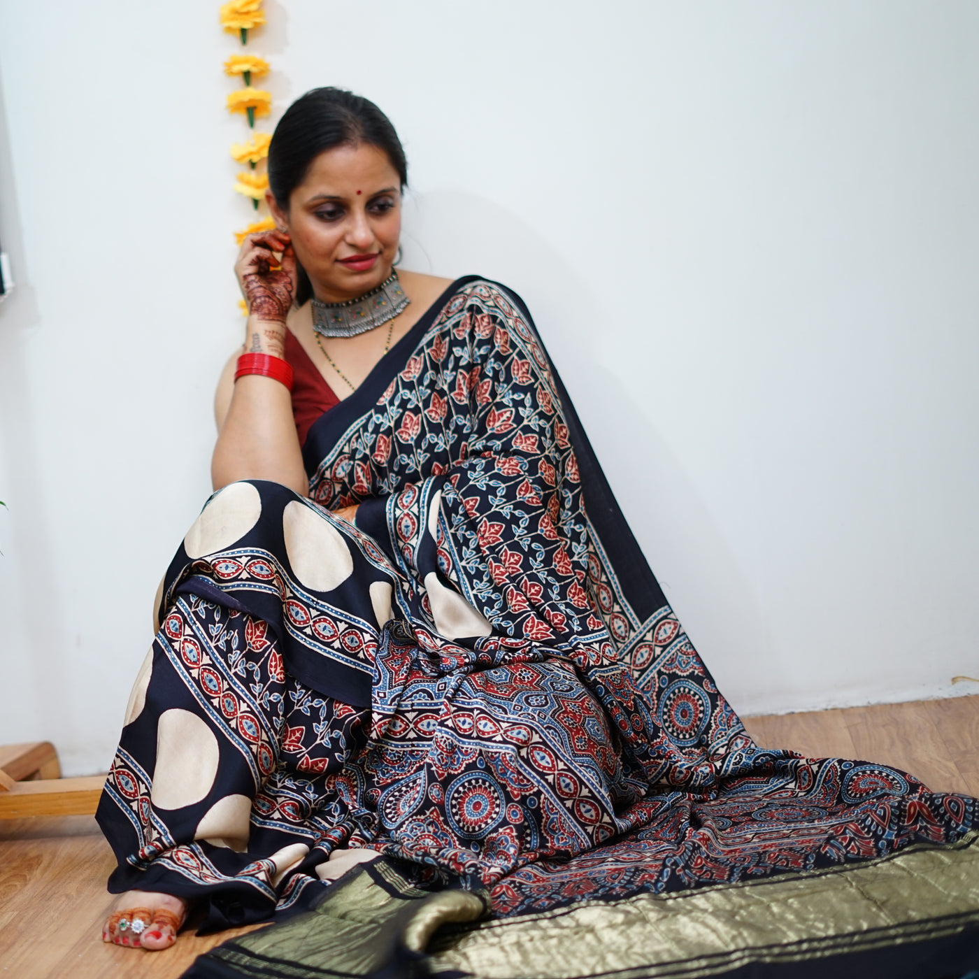 SAYANI: Handblock Modal Silk Tissue Ajrakh Saree