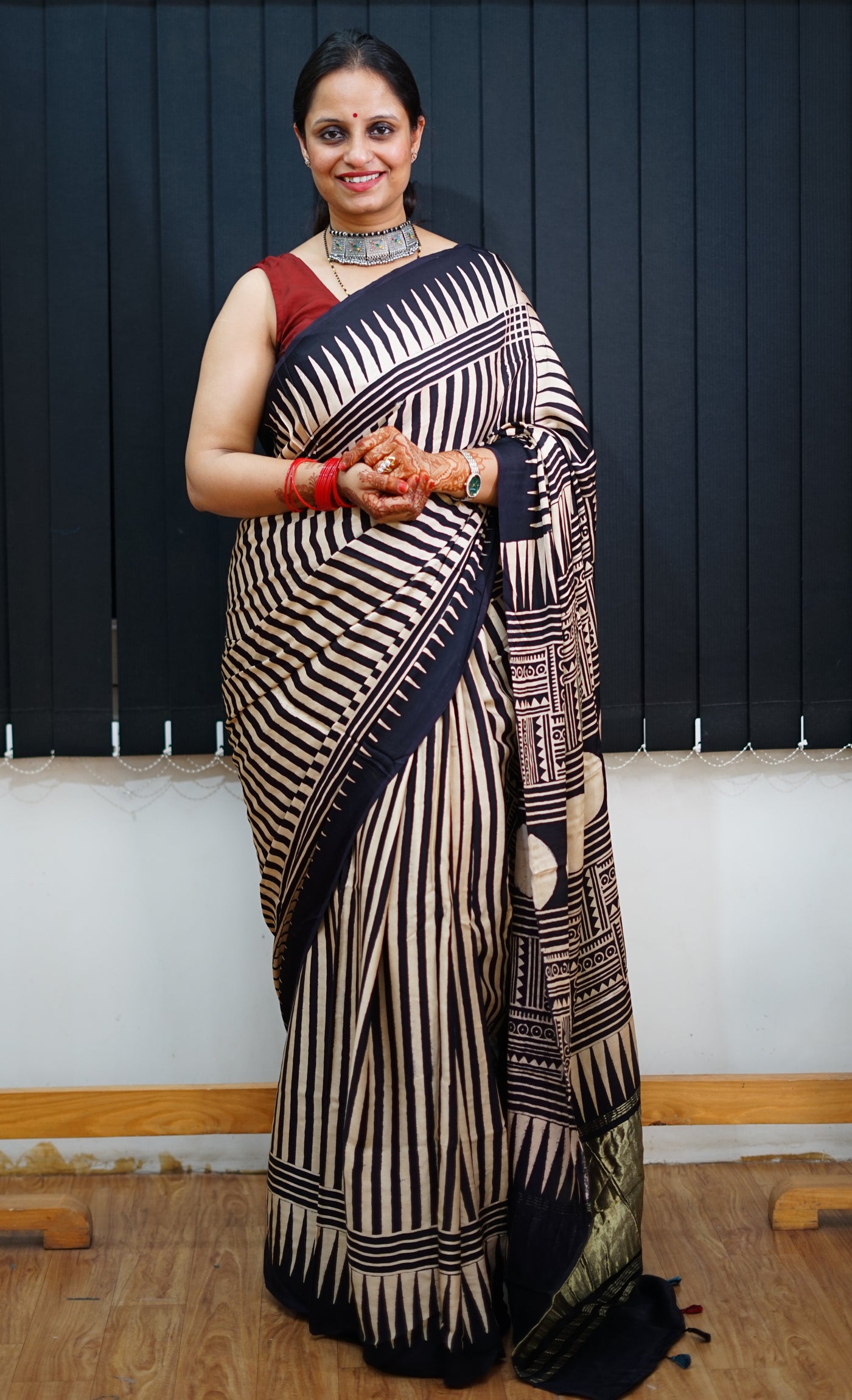 KAJAL: Handblock Modal Silk Tissue Ajrakh Saree