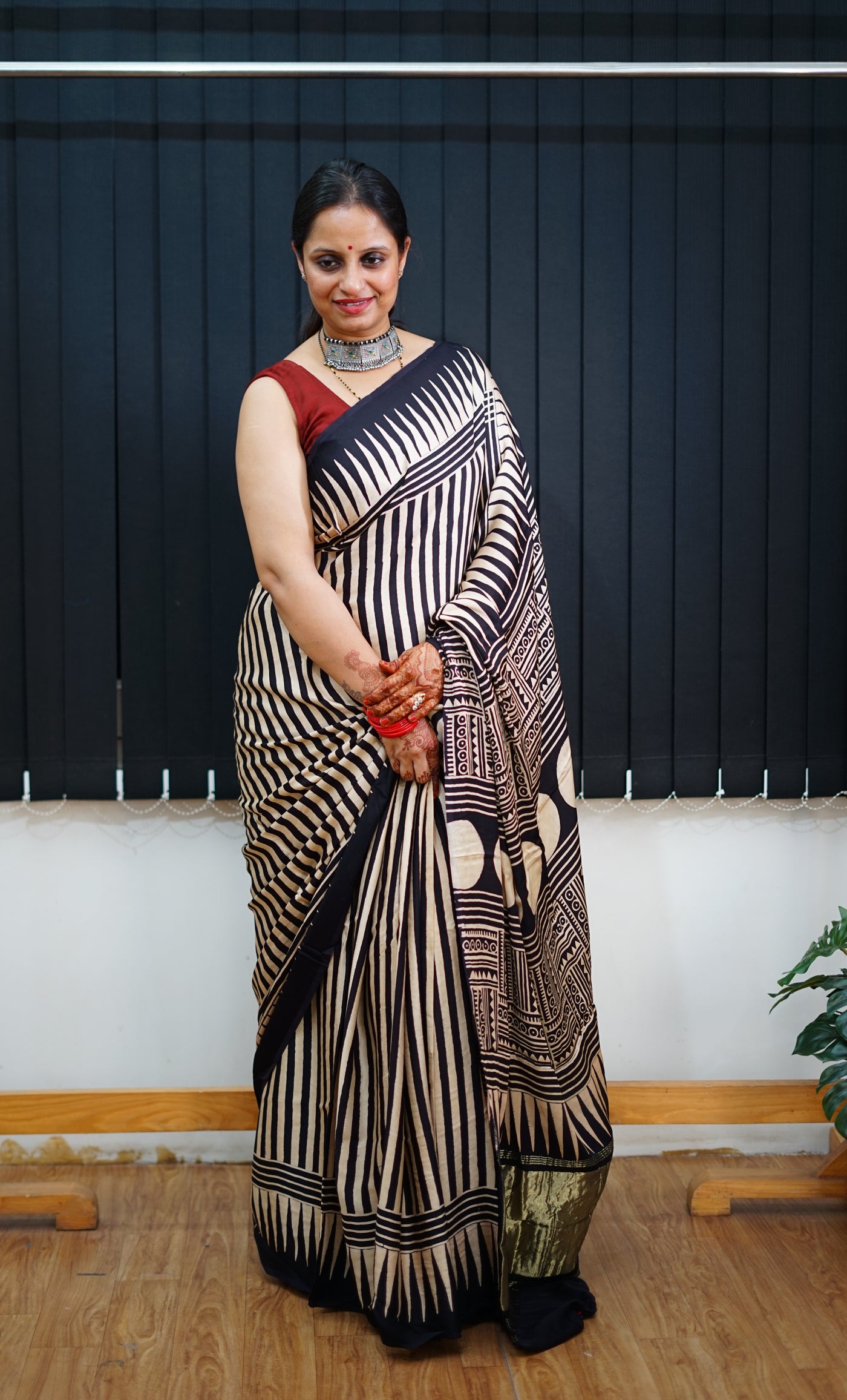 KAJAL: Handblock Modal Silk Tissue Ajrakh Saree