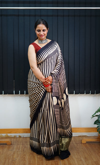 KAJAL: Handblock Modal Silk Tissue Ajrakh Saree